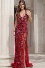 Sequin Halter Plunge High Slit Evening Gown