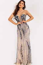 Strapless evening gown with intricate beading and sheer bodice