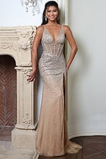nude deep v neck beaded evening gown with fitted silhouette - front full body, smiling hand on carved fireplace