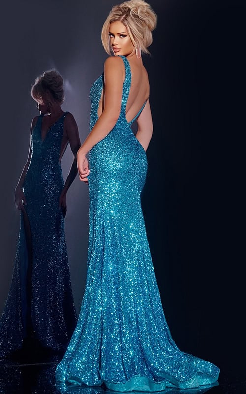 Back view of model wearing Jovani 43725 blue sequin gown.