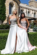 strapless beaded corset satin dress