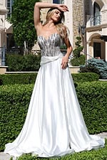 strapless beaded corset satin dress