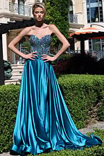 strapless beaded corset satin dress