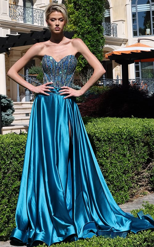 strapless beaded corset satin dress