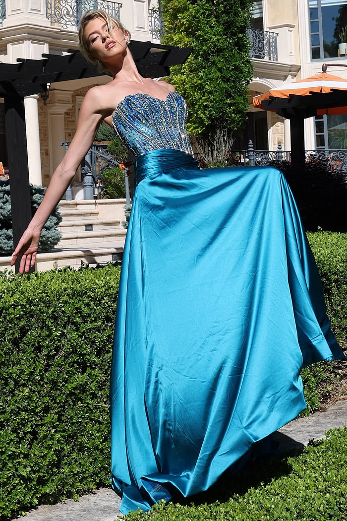 strapless beaded corset satin dress