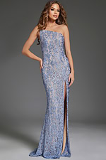 Model wearing Jovani 43753 blue one-shoulder gown with lace overlay