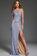Model showing Jovani 43753 blue gown with high slit detail