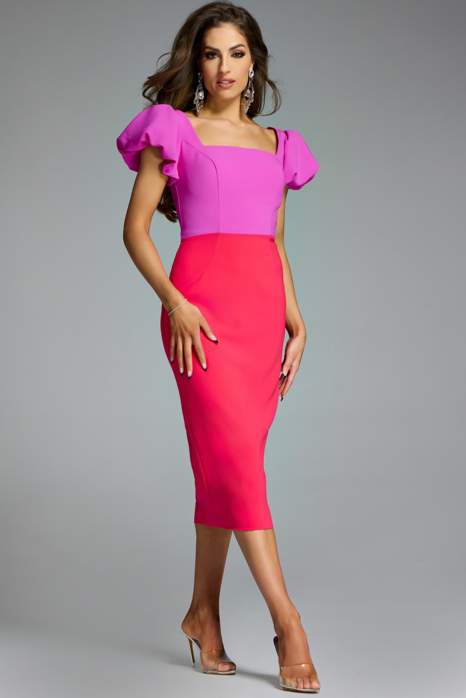 Square-Neck Midi Dress with Puff Sleeves 43756 | Jovani