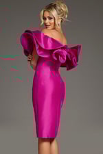 Model wearing Jovani 43758 fuchsia dress, close-up of ruffle sleeves