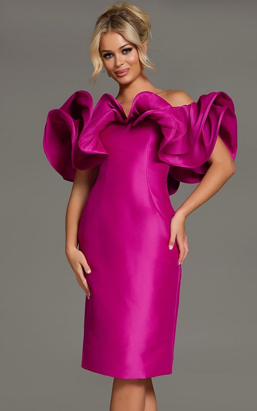 Model wearing Jovani 43758 fuchsia dress with ruffle sleeves, front view