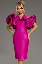 Model wearing Jovani 43758 fuchsia dress with off-the-shoulder neckline