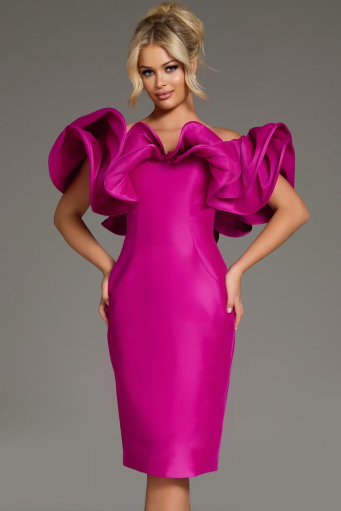 Model wearing Jovani 43758 fuchsia dress with off-the-shoulder neckline