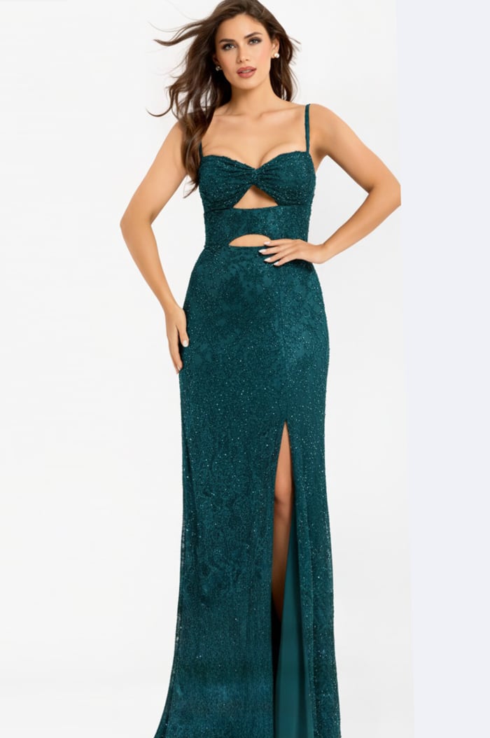 teal high slit embellished dress 43764