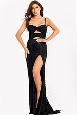 Glamorous fitted gown in black with cutout details and high slit