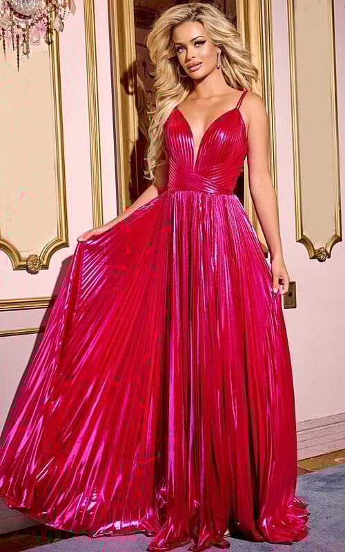 Model wearing Jovani 43795, front view of a fuchsia pleated gown with deep V-neckline.