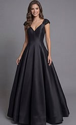 Jovani 43809 black satin A-line ball gown with sweetheart V-neckline, beaded cap sleeves, structured bodice, and voluminous floor-length skirt.