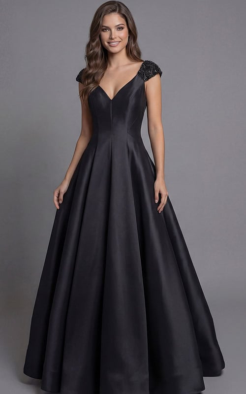 Jovani 43809 black satin A-line ball gown with sweetheart V-neckline, beaded cap sleeves, structured bodice, and voluminous floor-length skirt.
