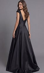 Back view of Jovani 43809 black satin A-line ball gown featuring a deep V-back, beaded cap sleeves, and full floor-length pleated skirt.
