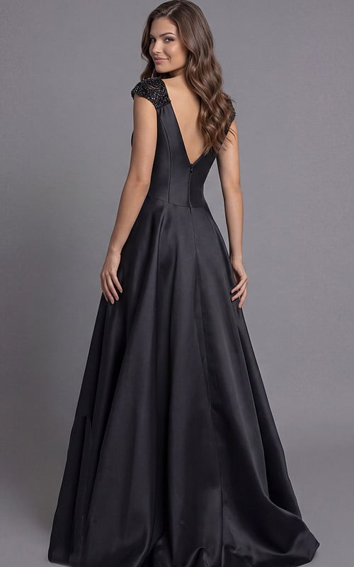 Back view of Jovani 43809 black satin A-line ball gown featuring a deep V-back, beaded cap sleeves, and full floor-length pleated skirt.