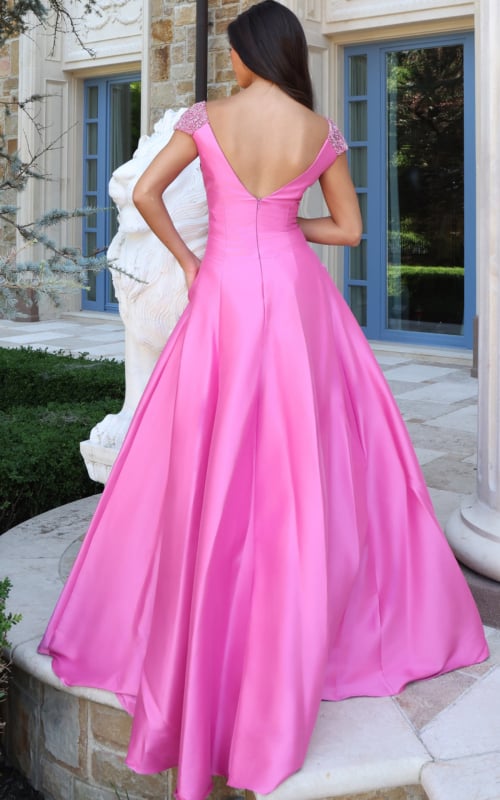 pink satin ball gown with beaded off shoulder cap sleeves and V neckline