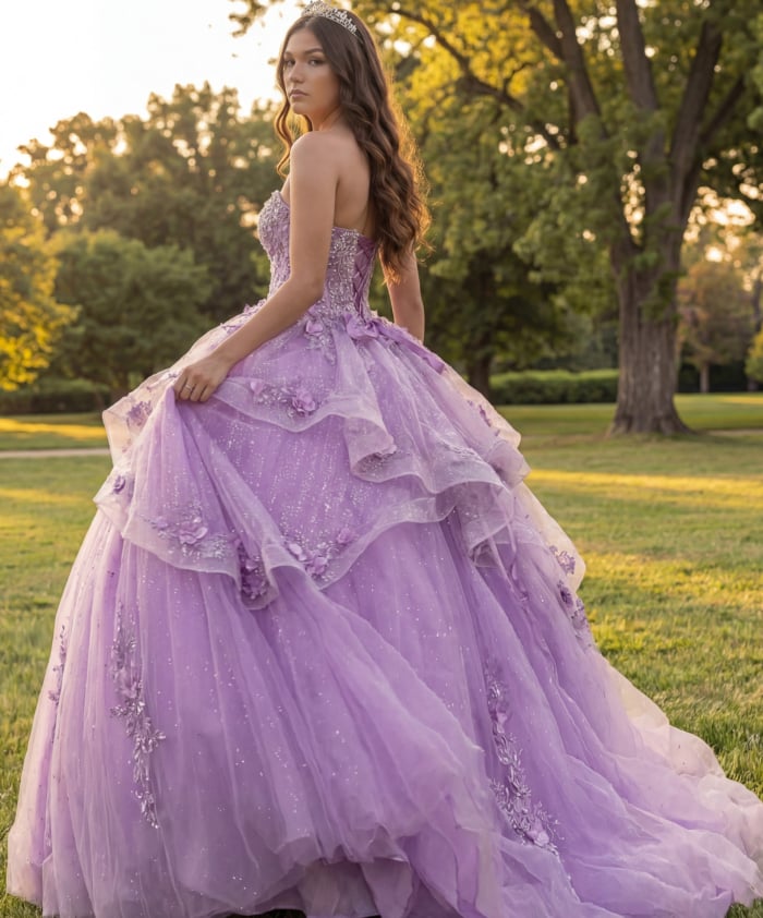 Floral appliqué quinceañera gown