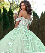 Model wearing Jovani 43811 green ball gown with floral detail, back view.