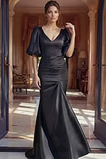 black satin V neck mermaid gown with puff sleeves and ruched waist