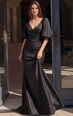 Black Satin V Neck Puff Sleeve Mermaid Gown 43818 - Image 3