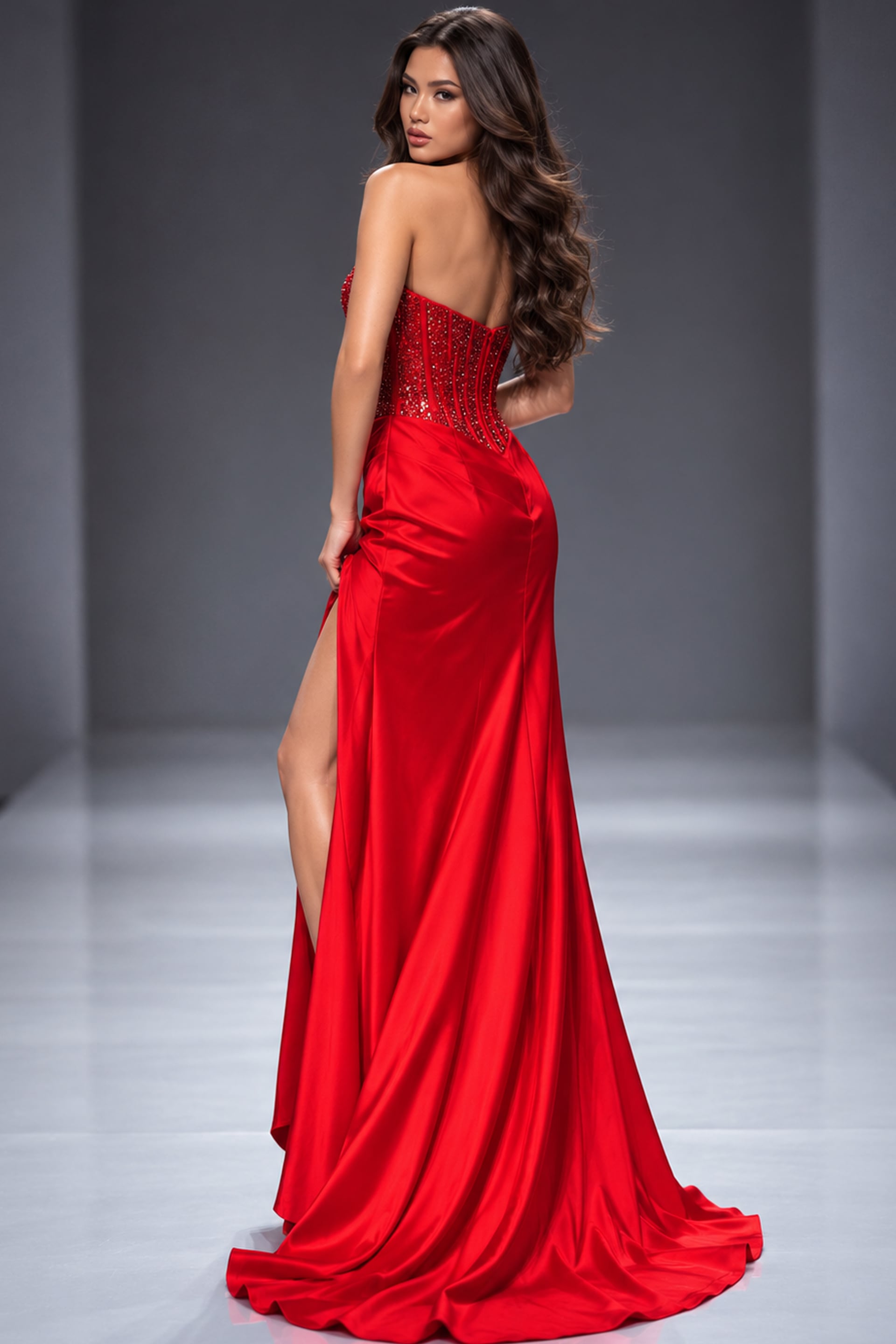 Red satin mermaid gown with beaded corset bodice shown from the back with high slit