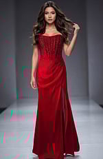 red satin beaded bodice dress 43823