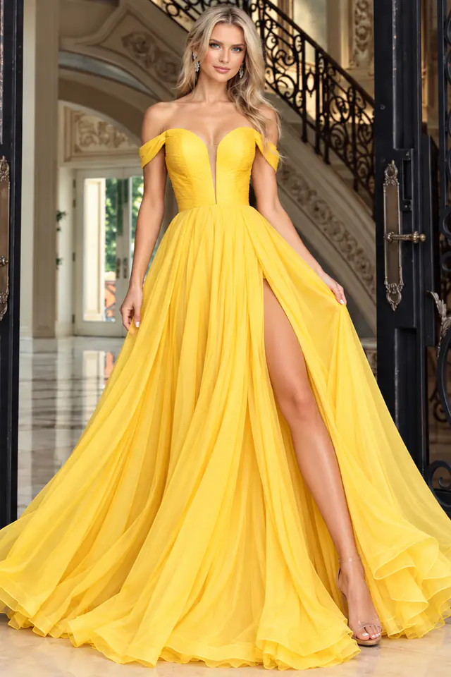 high slit yellow v neckline dress 43842