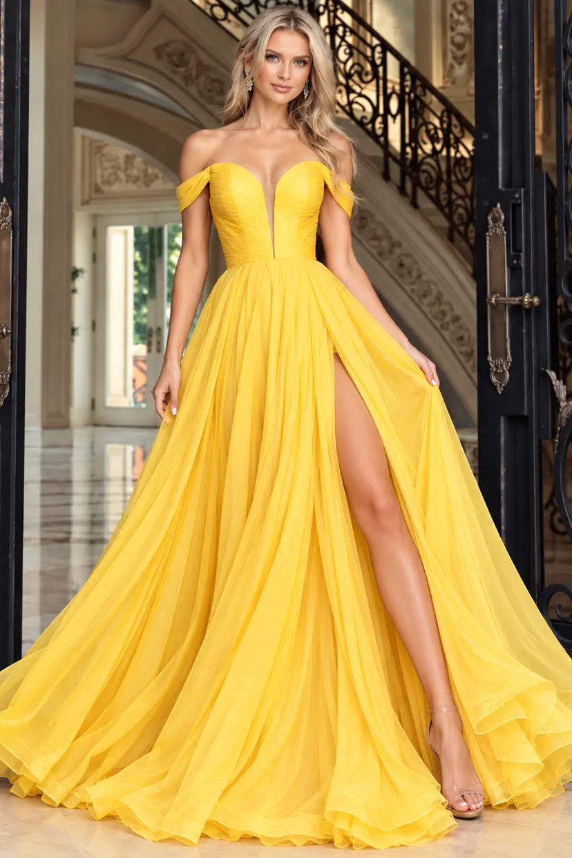 high slit yellow v neckline dress 43842