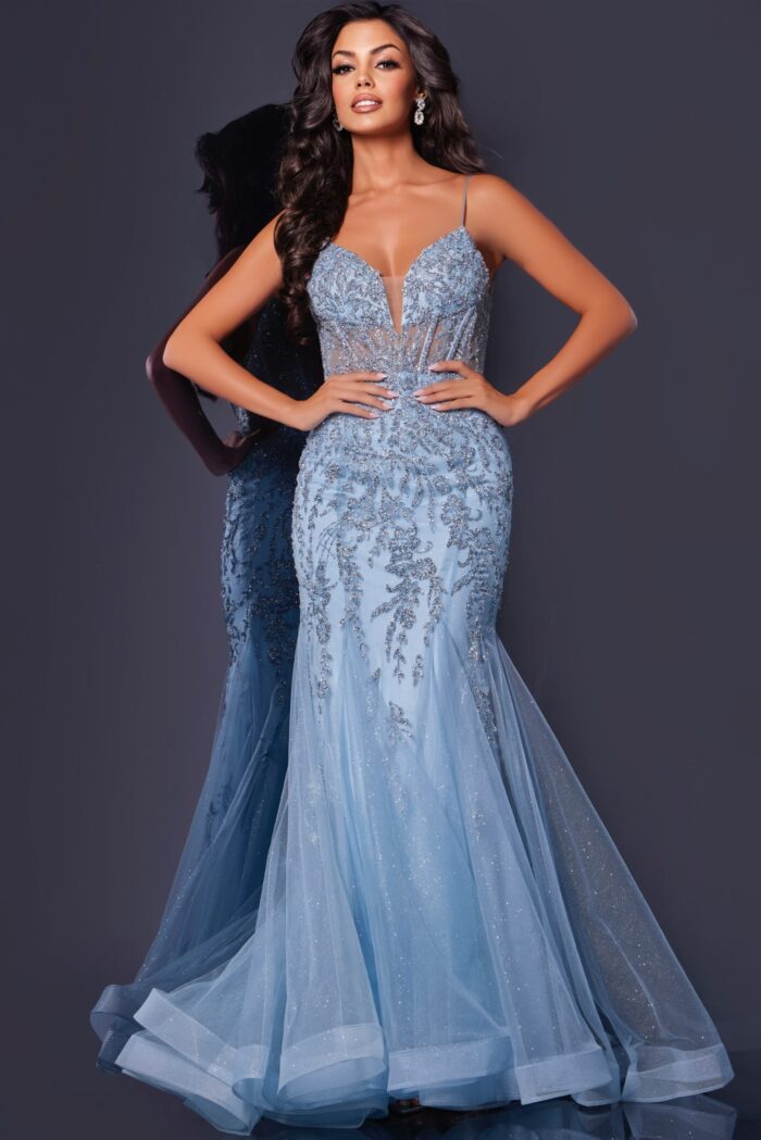 Model showcasing the front of Jovani 43845 blue gown with lace embellishments