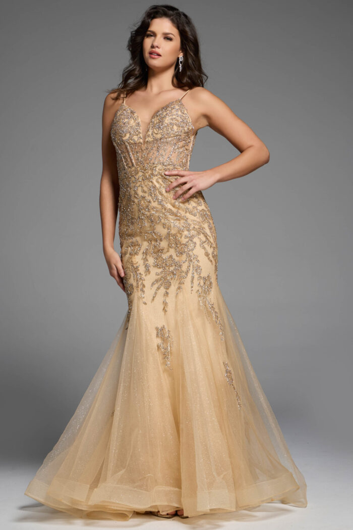 Elegant gold mermaid gown featuring a deep V-neckline and sparkling details.