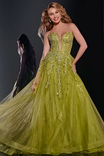 Model wearing Jovani 43849 green ball gown with sweetheart neckline and lace appliques from the front.