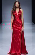 red halter neckline satin dress 43853