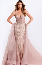 Beaded corset A-line prom dress with sheer overskirt and sparkle detailing