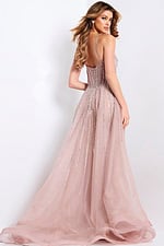 Blush pink prom gown with corset top and shimmering beaded design