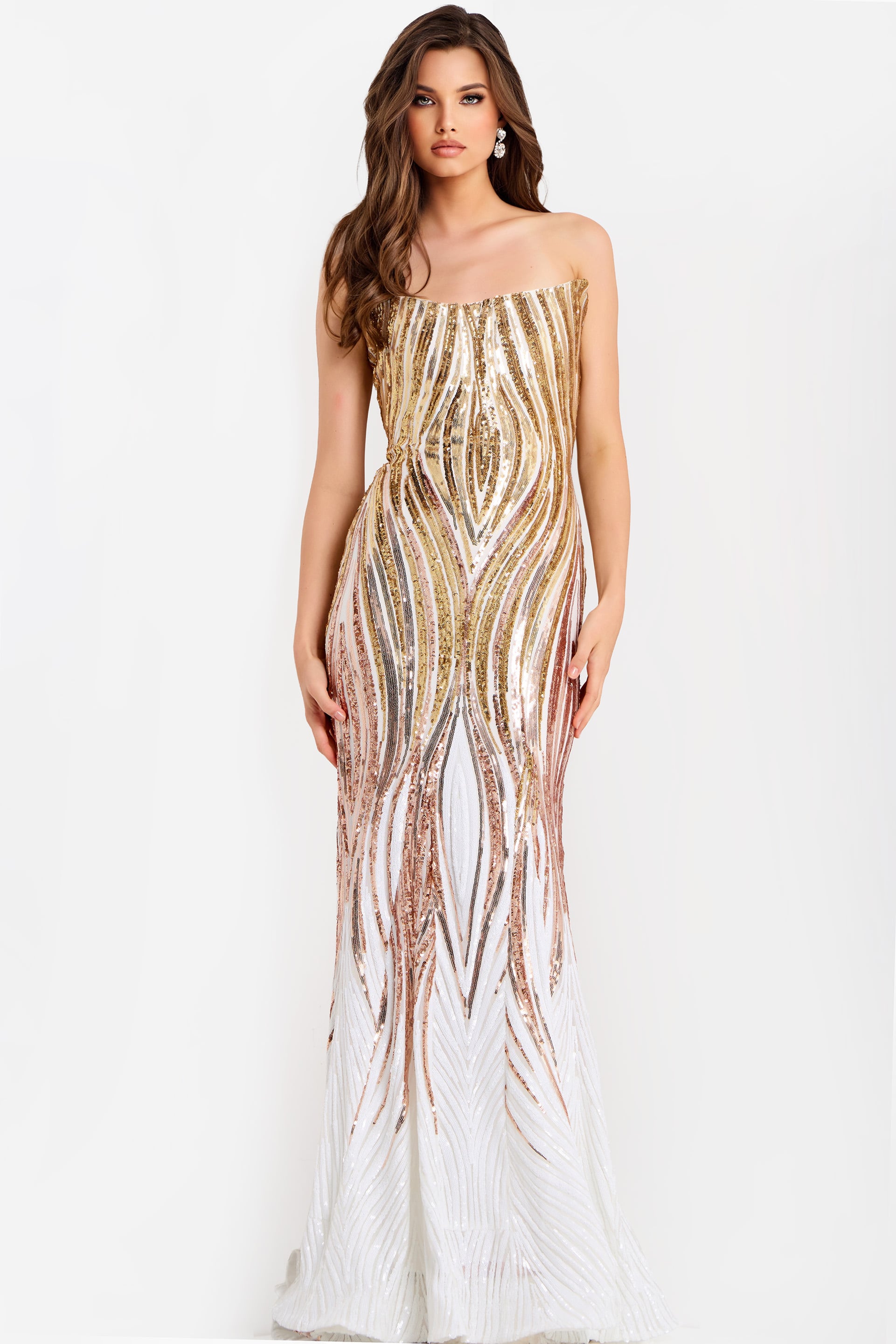 49315 strapless fitted white and gold dress 49315