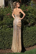 Back view of fitted sequin gown with open back and shimmering design