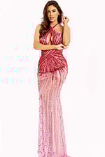 Halter evening gown featuring keyhole cutout and ombré bead design