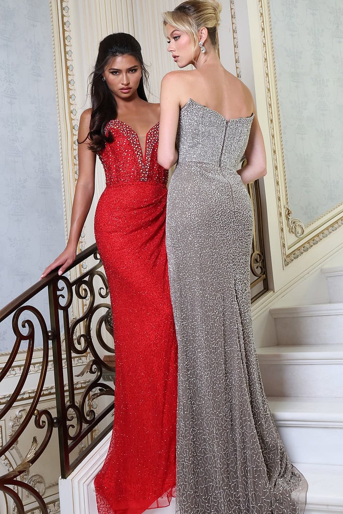 elegant sparkling dress with deep v neckline - two girls front, staircase, one front, one back