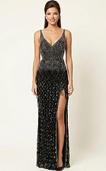 Front view of a fitted gown with a deep V neckline, geometric beadwork, and a thigh high slit