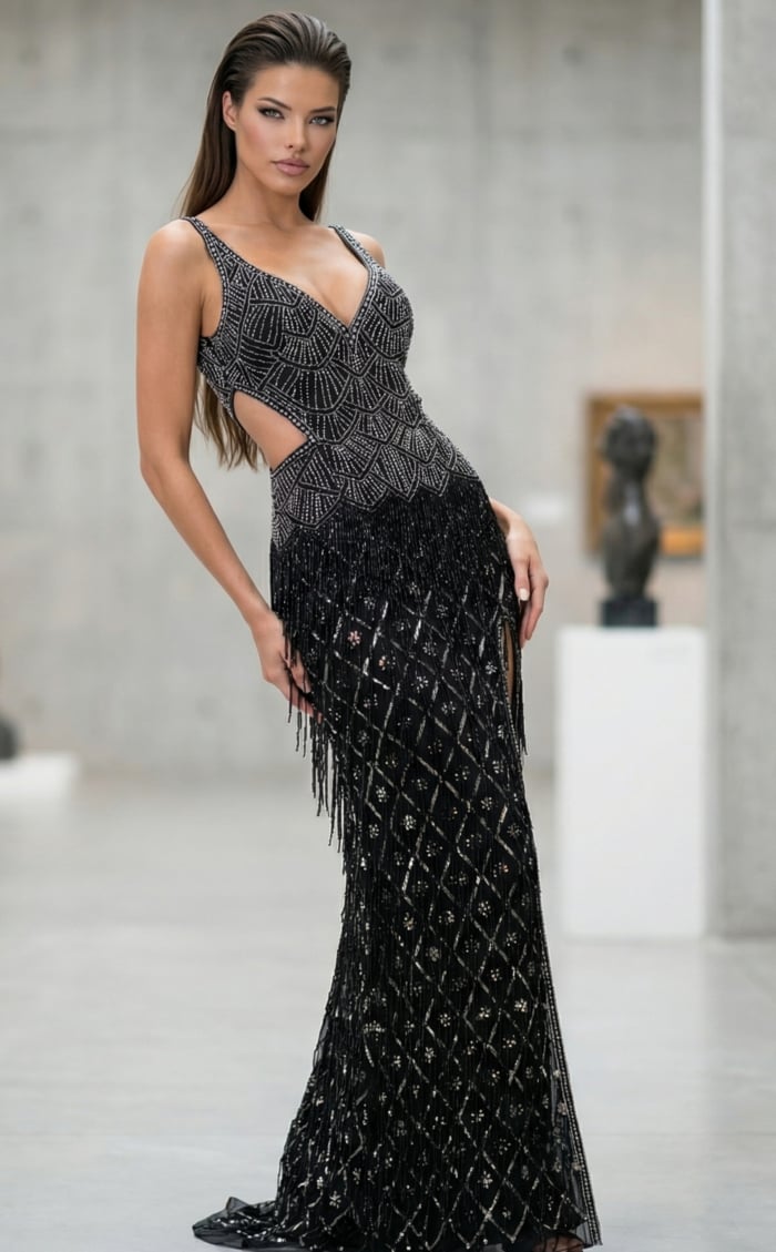 Angled view of a fitted gown with side cutouts, detailed bead patterns, and a floor length silhouette