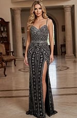 Fitted beaded gown with a sweetheart neckline, intricate patterning, and a thigh high slit creating a sleek, elegant look