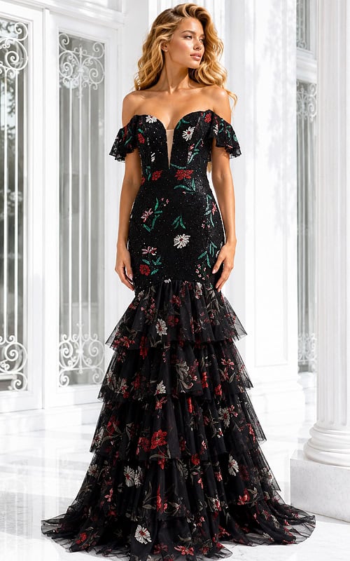 Black off-the-shoulder evening gown with floral embroidery, sheer ruffle sleeves, and a dramatic tiered tulle mermaid skirt.