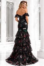 Elegant black floral formal dress featuring a plunging neckline, fitted silhouette, embroidered detailing, and cascading layered ruffles.