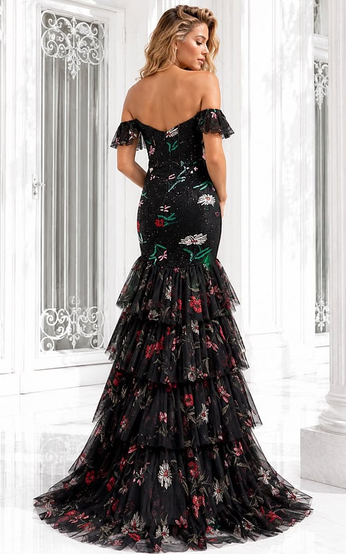 Elegant black floral formal dress featuring a plunging neckline, fitted silhouette, embroidered detailing, and cascading layered ruffles.