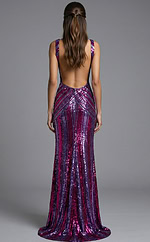 Low back formal dress with fitted silhouette and geometric pattern