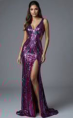 Fitted gown with deep V neckline, side cutouts, and high slit